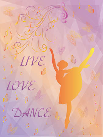 Ballerina dancing on a beautiful gradient background with triangles. Musical notes and butterflies, vector illustrationの写真素材