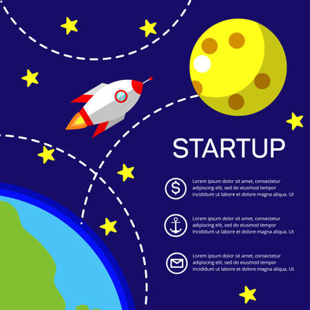 Business startup, new project. Flat design style modern vector illustration. Rocket flying from Earth to Moon. Eps10のイラスト素材