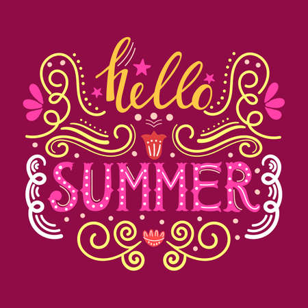 Hello summer hand drawn lettering isolated on maroon background for your designのイラスト素材