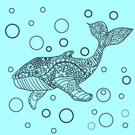 Whale, Vector zentangle print, adult coloring page. Hand drawn artistically, ornamental patterned Whale illustration.のイラスト素材