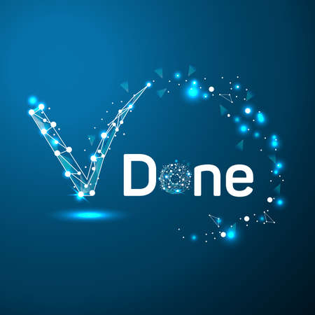 Abstract check mark in the form of a starry sky or space, consisting of points, lines, and shapes in the form of planets, stars and the universe. Vector business wireframe concept.のイラスト素材