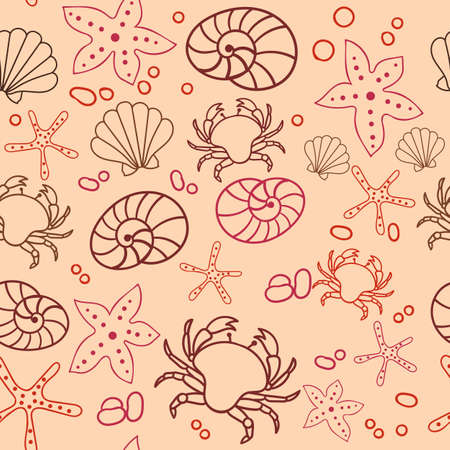 Seamless marine pattern. Sea, crab, starfish, shells. The underwater world. Vector illustration. Marine background. Children backdrop.のイラスト素材