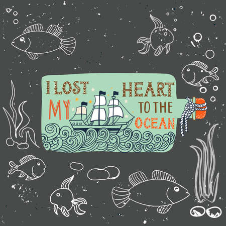 Hand drawn vintage label with a ship in a bottle and hand lettering. This illustration can be used as a print on T-shirts and bags.のイラスト素材
