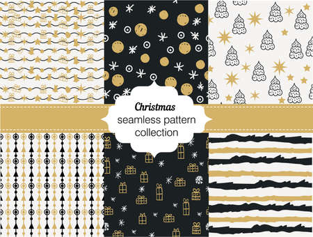 Collection of seamless patterns. Merry Christmas and Happy New Year Set of seamless backgrounds with traditional symbols: snowflakes, pine tree, gifts.のイラスト素材