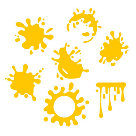 Yellow juice or honey blots set. Sweet smudges splashes drops on white backgroundのイラスト素材