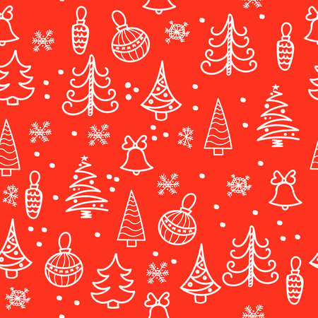 Seamless Christmas pattern. Christmas tree, decorations, bells