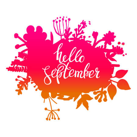 Autumn foliage abstract vector banner. Typographic greeting card design. Hello Septemberのイラスト素材