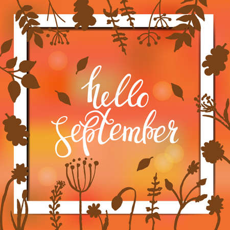 Hello september card design with abstract background and text in square frame, vector illustration. Lettering design elementのイラスト素材