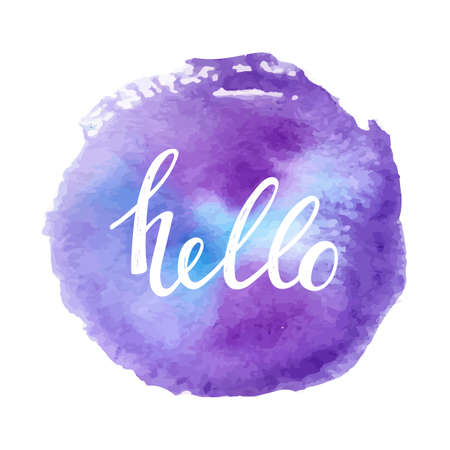 Hand lettering with phrase Hello and watecolor stain. Hand written word for web banner and print. Calligraphy text design. Vectorのイラスト素材