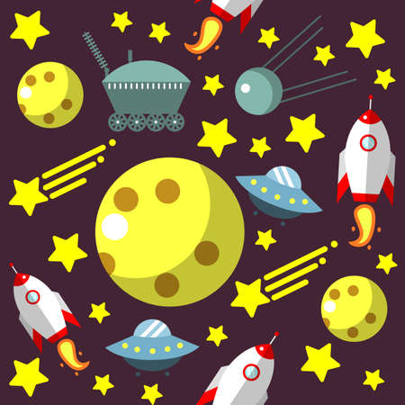 Seamless pattern with space, rockets, comet, stars and moon and UFO