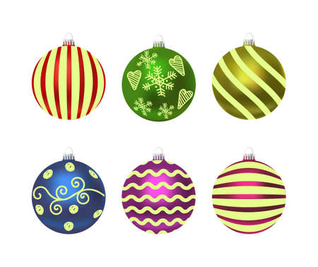 Colorful christmas balls with snowflakes and decorations. Set of isolated realistic decorations. Vector illustrationのイラスト素材