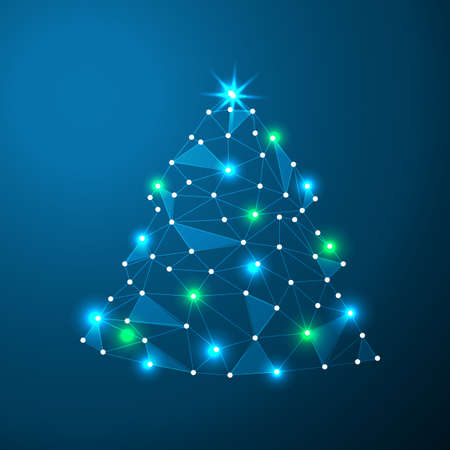 Vector christmas card with abstract christmas tree made from light lines and dots. Low poly artのイラスト素材
