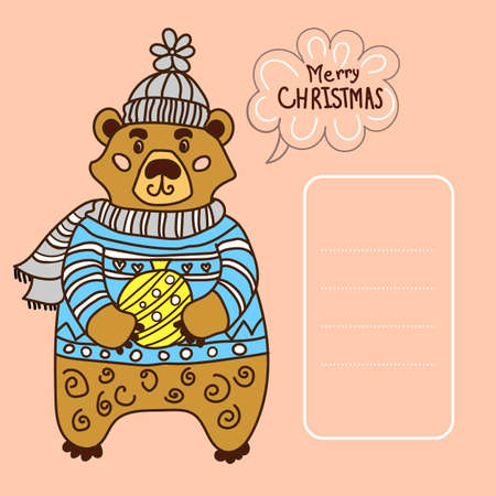 Christmas Card with Cute Bear in sweater with christmas ballのイラスト素材