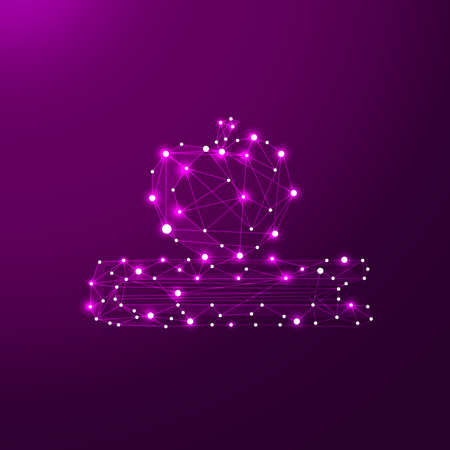 Chocolate fruit cake vector illustration on the violet background. Polygon birthday cake icon with lines, dots and decorative elementsのイラスト素材