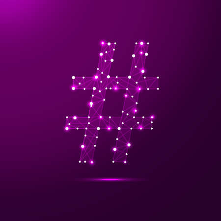 Low poly hashtag. Social media symbol in the form of a starry sky or space, consisting of points, lines, and shapes in the form of planets, stars and the universe.のイラスト素材