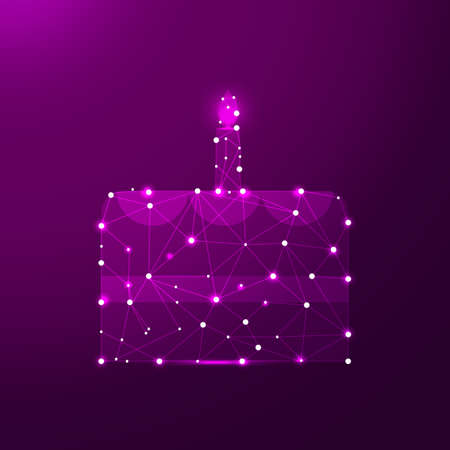 Low poly cake vector illustration in the violet background. Polygon birthday cake icon with lines, dots and decorative elementsのイラスト素材
