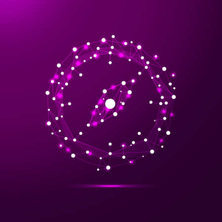 Low poly compass in the form of a starry sky or space, consisting of points, lines, and shapes in the form of planets, stars and the universeのイラスト素材