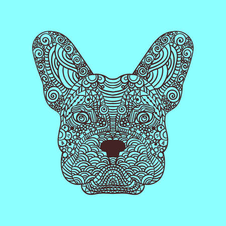 French bulldog head stylized, vector, illustration, freehand pencil, hand drawn, pattern. Zen art Ornate vectorのイラスト素材