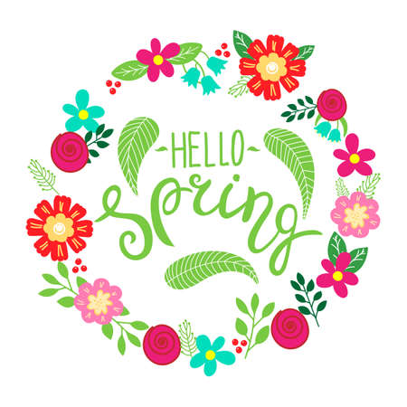 Hello spring lettering greeting card. Hand drawn illustration with flower wreath and letteringのイラスト素材