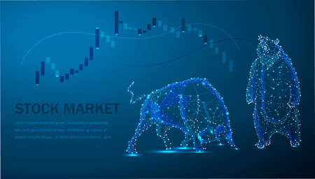 Concept of stock market exchange or financial technology, polygon bull and bear. Abstract image in the form of a starry sky or space, consisting of points, lines, and shapes.のイラスト素材