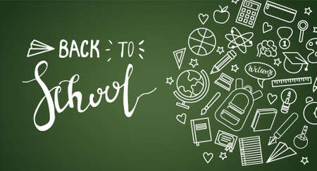 Back to school brush lettering poster, banner, postcard design, vector illustration isolated on green background. Hand written back to school poster, banner, cardのイラスト素材