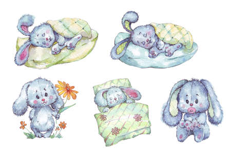 cute cartoon little rabbits watercolor illustration isolatedの写真素材