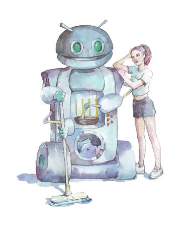 domestic robot working watercolor illustrationの写真素材