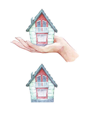 hand holding house isolated on white watercolor artの写真素材