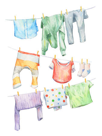 colorful washed clothes hanging watercolor art isolatedの写真素材