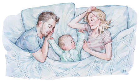 couple sleeping with a baby watercolor art isolatedの写真素材