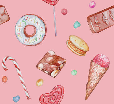 set of sweets on pink seamless pattern watercolorの写真素材