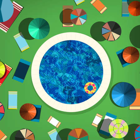Vector illustration of open pool with sun ambrellasのイラスト素材