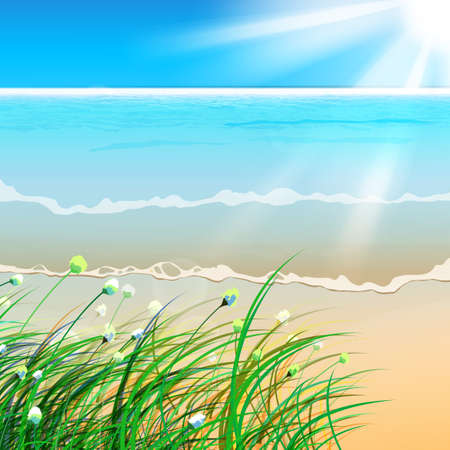 The illustration of beautiful sea background with spectacular sunshine and dune grass  Vector image のイラスト素材