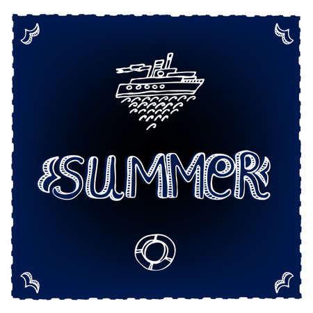 Sea decorative background with waves, ships and Summer lettersのイラスト素材