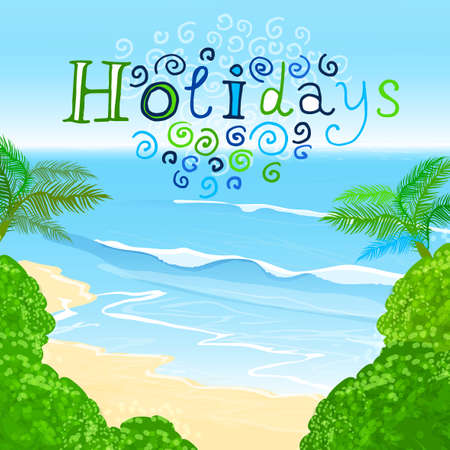 The illustration of beautiful summer background with blue sae and palms. Vector image.のイラスト素材