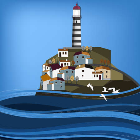 Vector illustration of abstract town landscape with lighthouseのイラスト素材