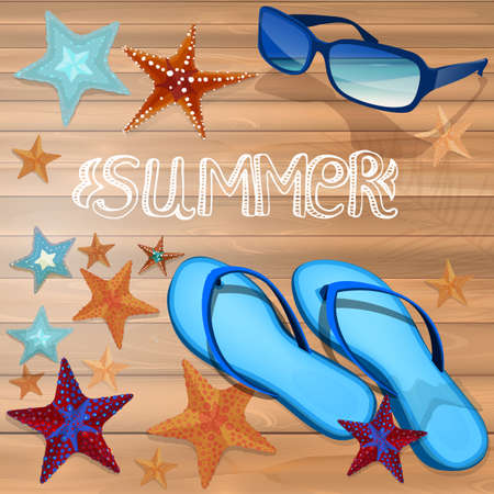 The illustration of beautiful summer background with blue sunglasses, flip-flops and starfish. Vector image.のイラスト素材