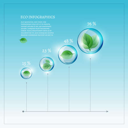 The illustration of bio infographics wirh green leaves in transparent bubbles. Ecology Concept.