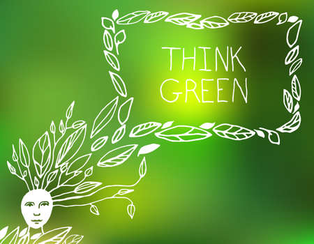 Vector hand drawn Illustration of environmentally friendly speech bubble. Think Green. Ecology Concept.のイラスト素材
