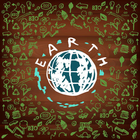 The illustration of different logos and eco signs on a dark wooden texture. Vector imageのイラスト素材