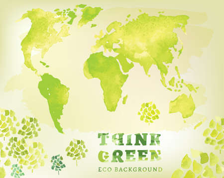 Vector watercolor hand drawn Illustration of environmentally friendly World map. Think Green. Ecology Concept.のイラスト素材