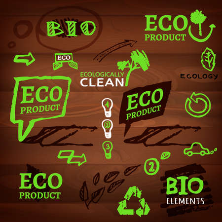The illustration of different logos and eco signs on a dark wooden texture. Vector imageのイラスト素材