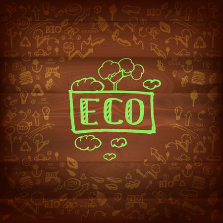 The illustration of different and eco signs on a dark wooden texture. のイラスト素材