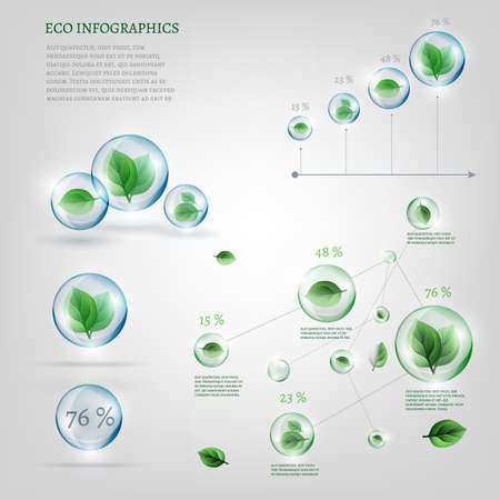 The illustration of bio infographics with green leaves in transparent bubbles. Ecology set.のイラスト素材