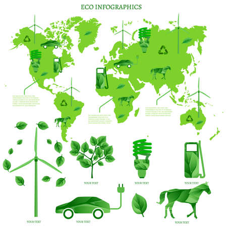 The illustration of ecological green world map. Vector image with infographic elements.のイラスト素材