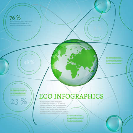 The illustration of bio infographics with world map and atomic structure. Ecology set.のイラスト素材
