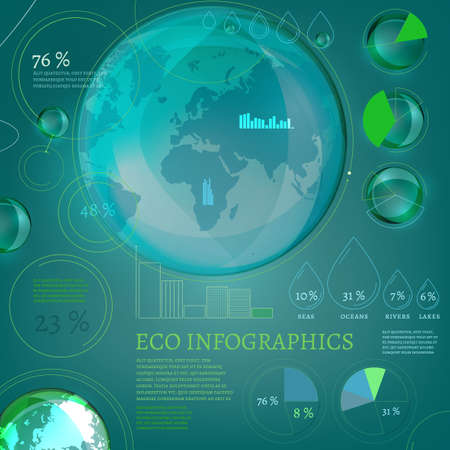 The illustration of bio infographics with world map and atomic structure. Ecology set.のイラスト素材