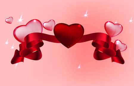 Vector illustration of the transparent hearts with banners on the pink backgroundのイラスト素材