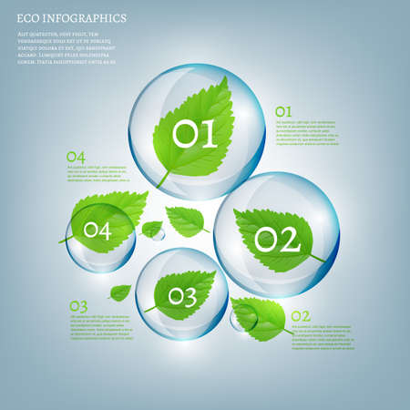 The illustration of beautiful scientific bio infographics with transparent bubbles and fresh leaves. Ecology concept. Vector image. Ideal for brochure, poster and leaflet design.のイラスト素材
