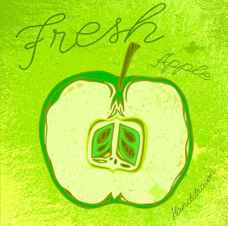 The illustration of  beautiful hand drawn apple on a textured background in fresh and juicy style. Totally vector image. Menu element for cafe or restaurant. Fresh juice for healthy life.のイラスト素材